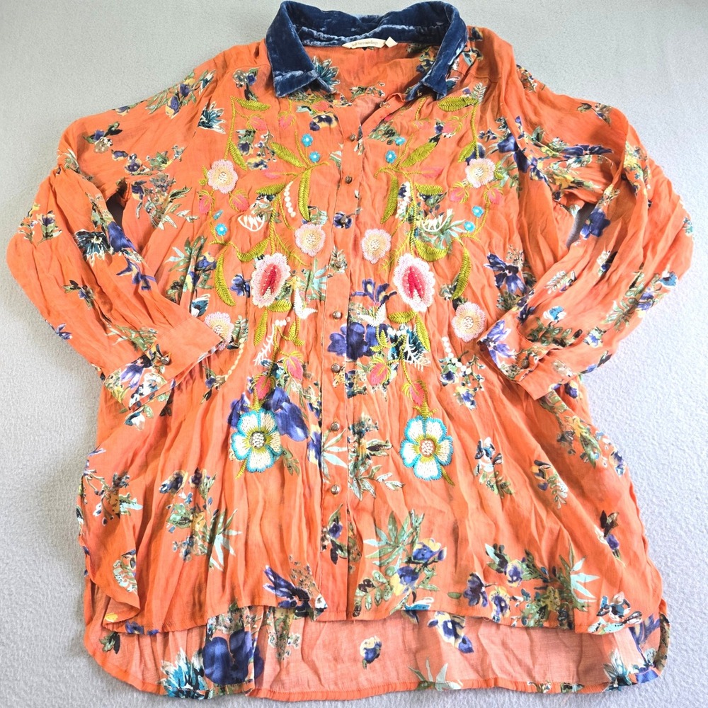 Soft Surroundings Tunic Women 2X Orange Floral Embroidered Velvet Collar Boho